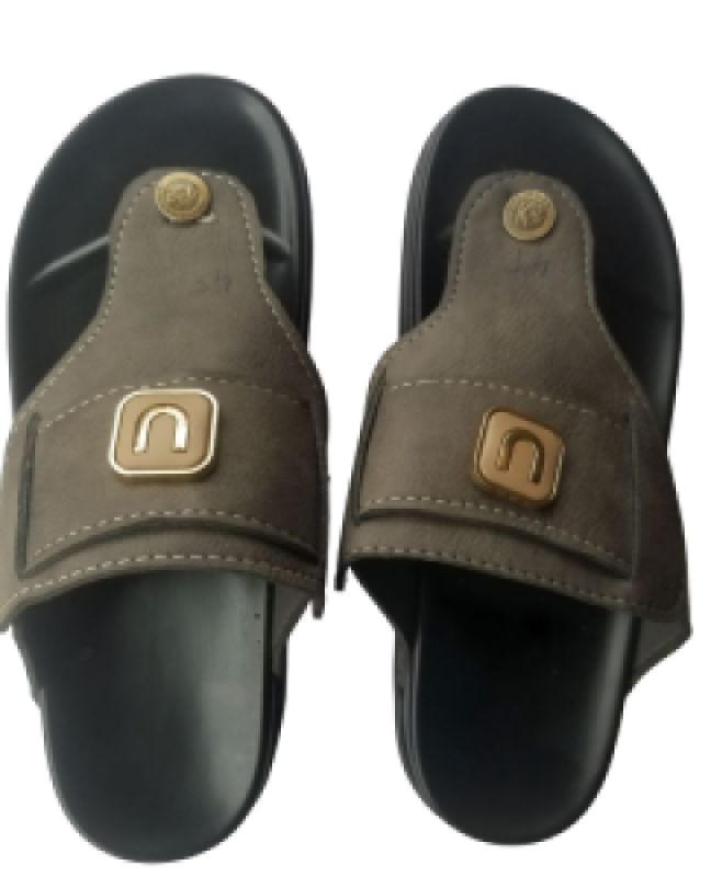 Men's Open-Toe Slip-On Sandals with Brown Leather Upper and Metallic Accents