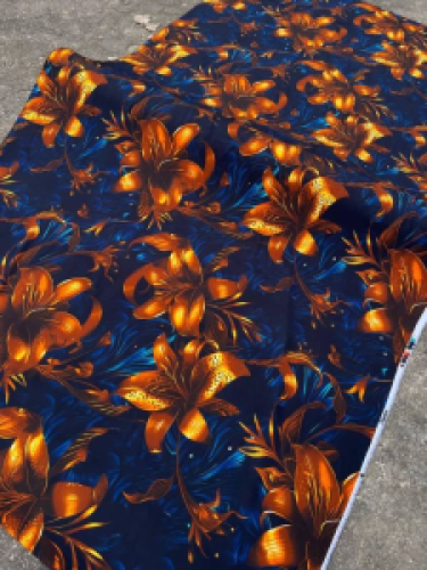 Floral Satin Crepe Vintage Fabric with Orange and Gold Lily Design on Navy Blue