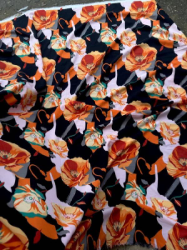 Crepe Vintage Vibrant Floral Print Fabric with Bold Orange and Red Flowers
