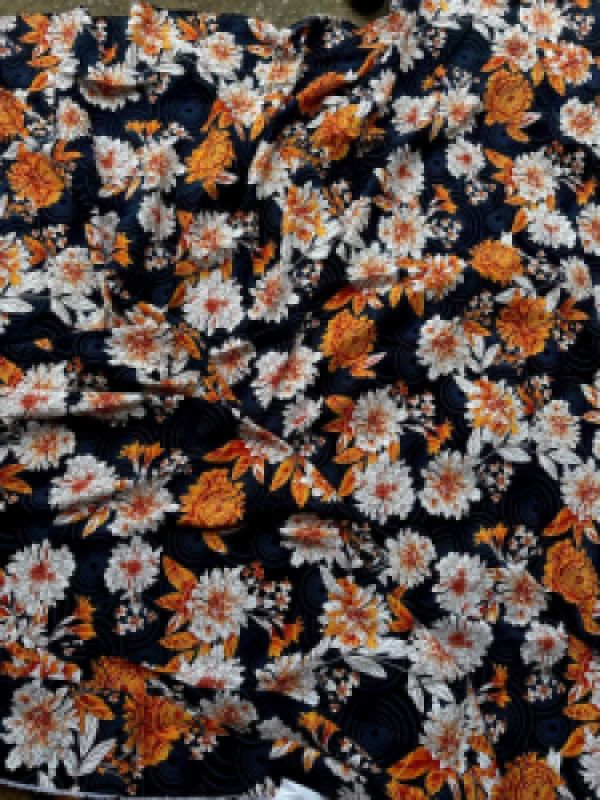 Crepe Vintage Floral Print Fabric with Dark Navy Base
