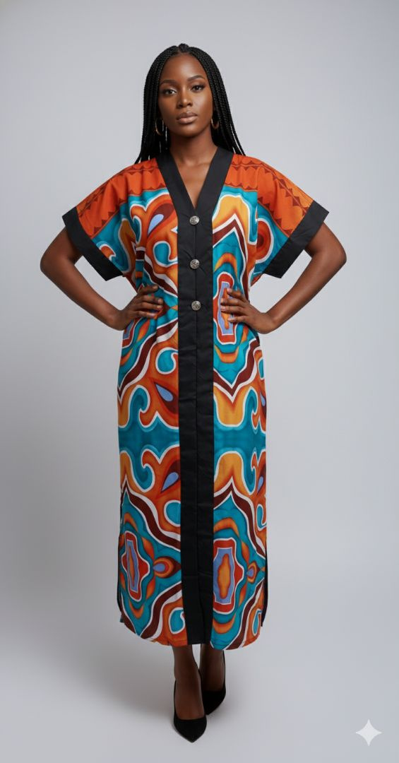 Vibrant Full Length Kaftan Style Dress with Abstract Pattern