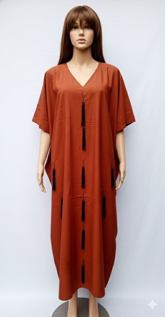 Rust Colored Kaftan Style Dress with Tassel Embellishments