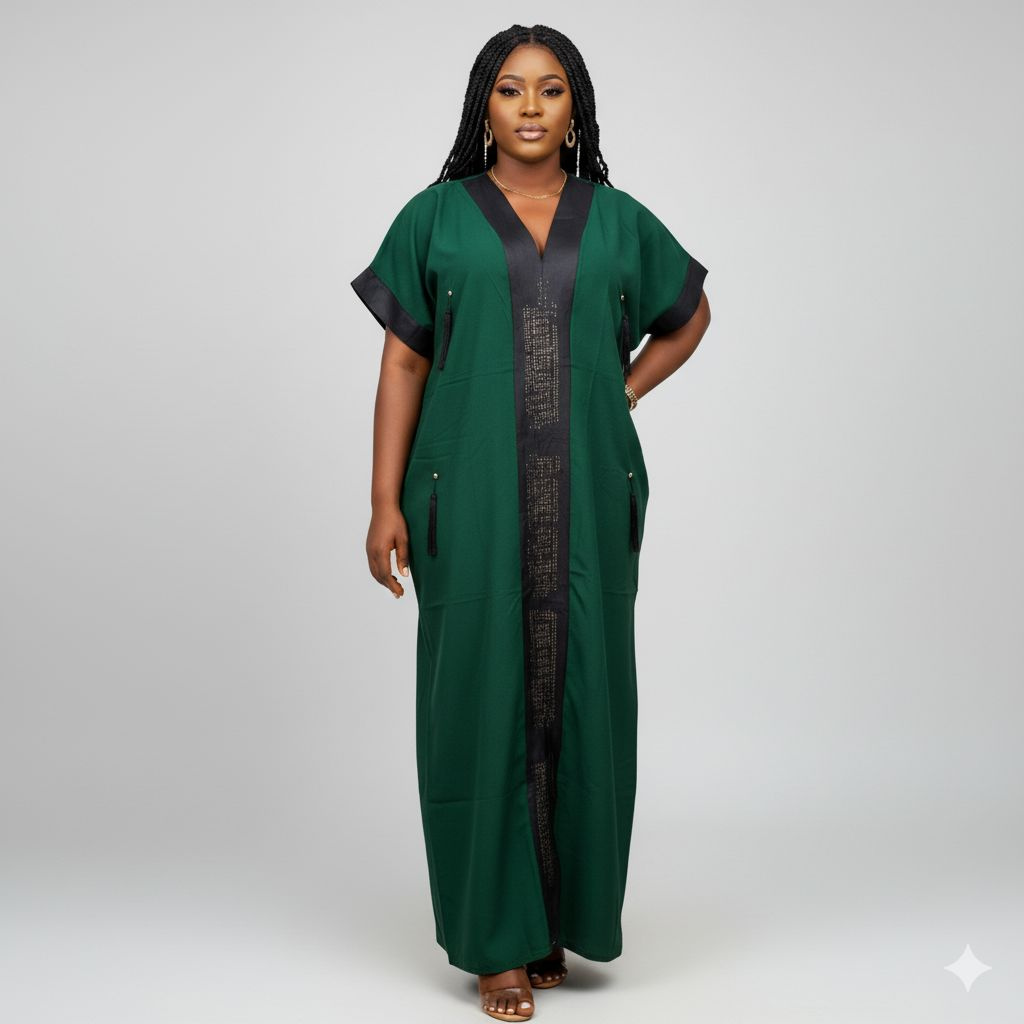 Quality Elegant Green Maxi Dress with Black Trim