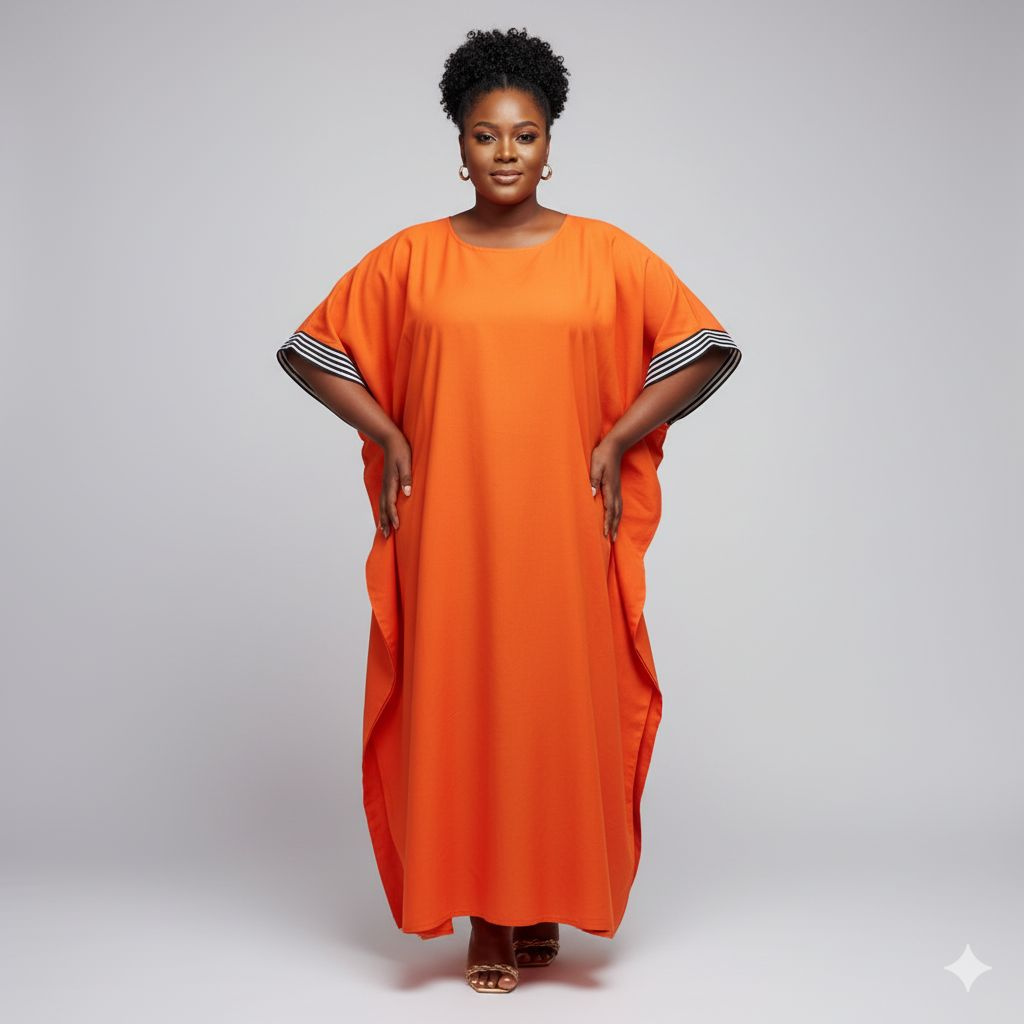 Vibrant Orange Kaftan Style Dress with Striped Cuff Detailing