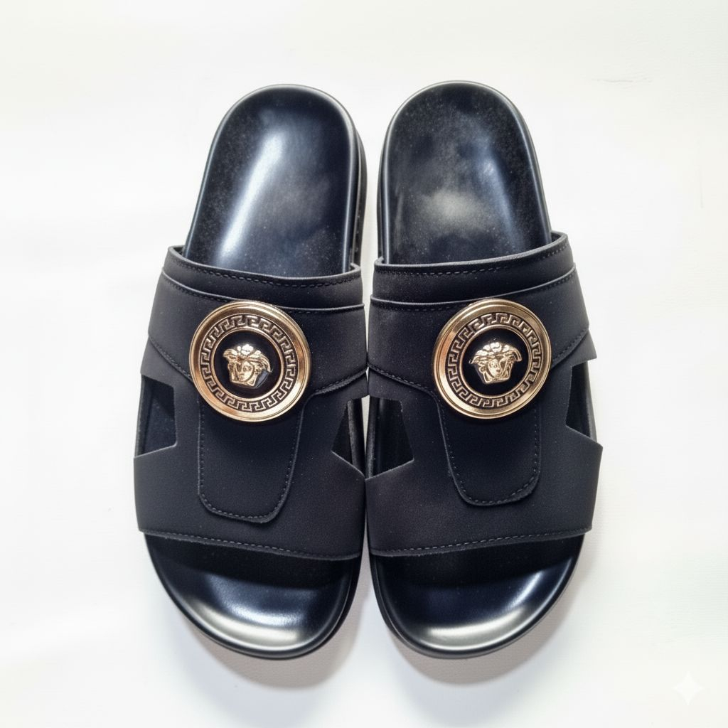 Quality Men Black Medusa Medallion Slide Sandals