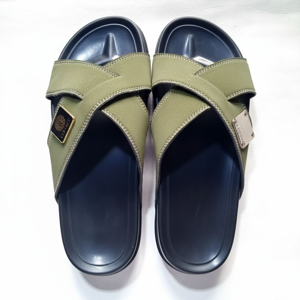Quality Men Olive Green Criss Cross Slide Sandals with Logo Plaque