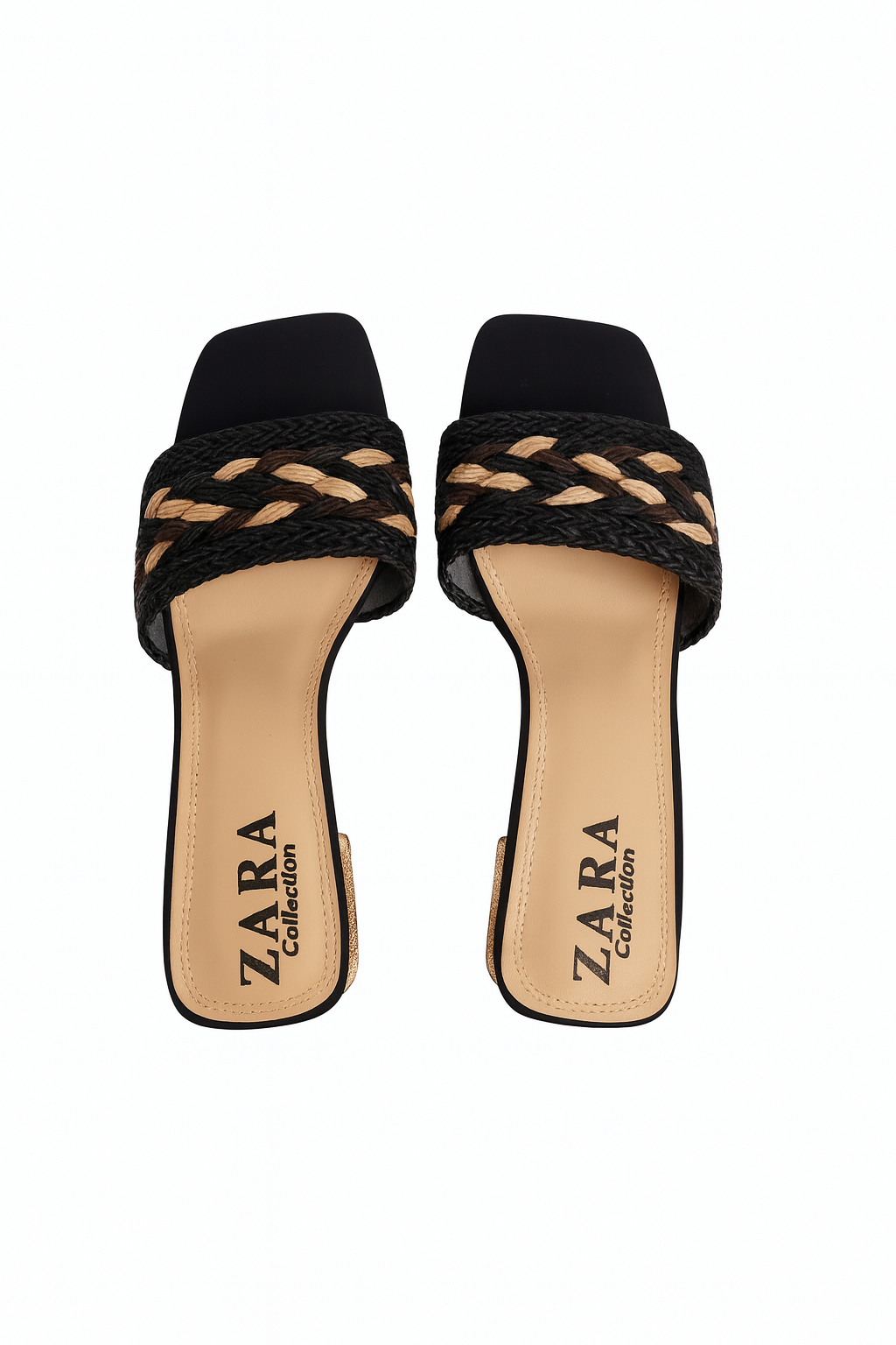 Black Woven Rope Strap Square Toe Slide Mule