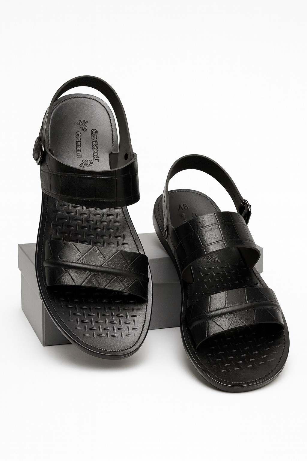 Quality Men Black Crocodile Embossed Leather Slingback Sandals