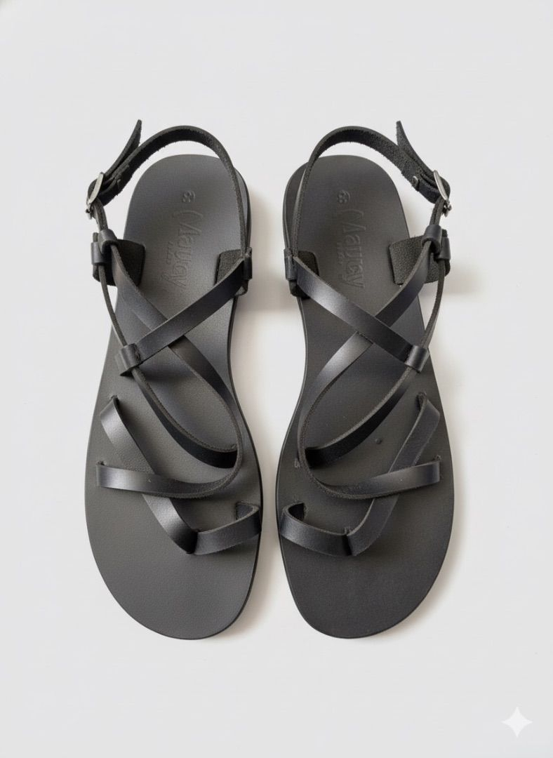 Minimalist Black Leather Ankle Strap Flat Sandals