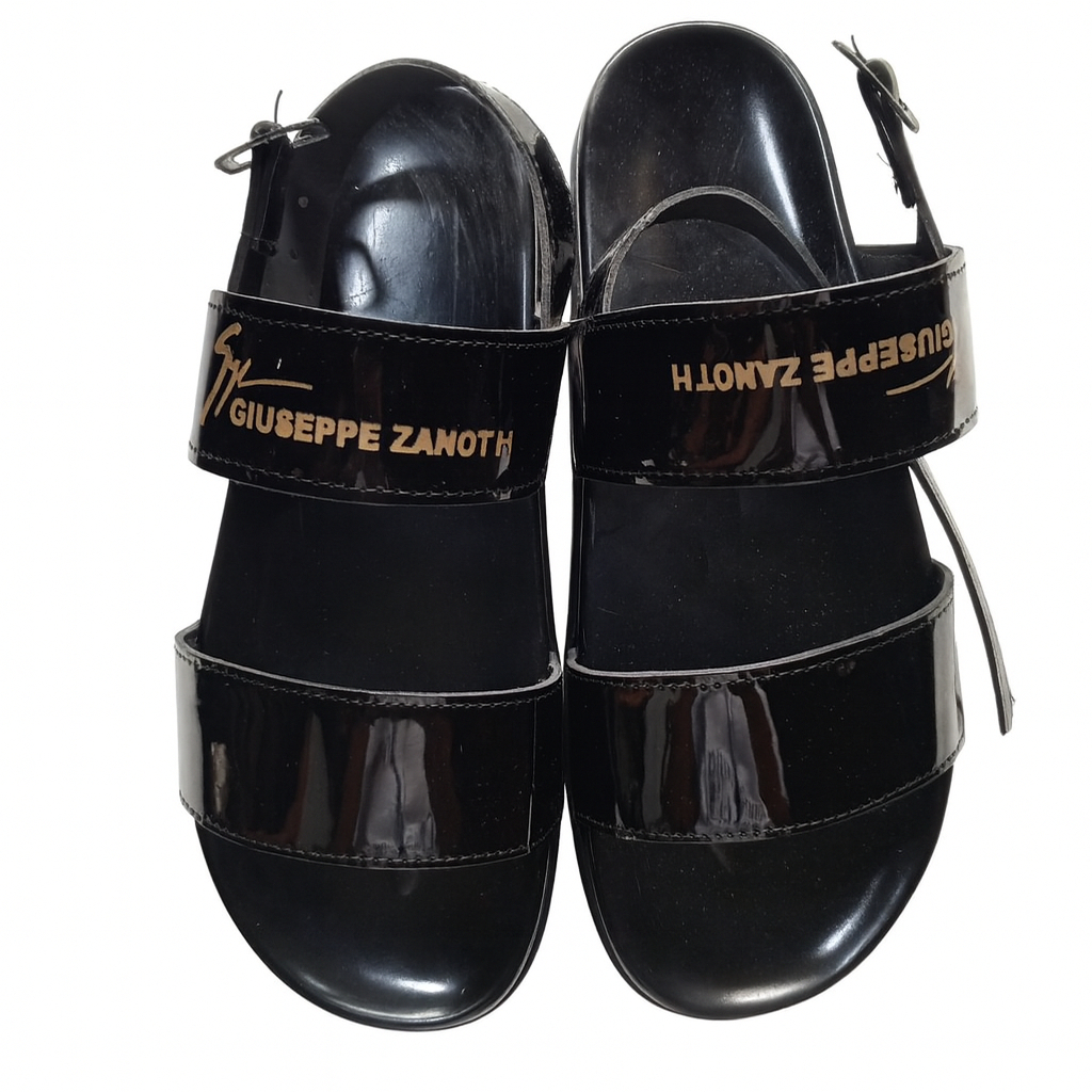 Quality Black Patent Two Strap Slide Sandal