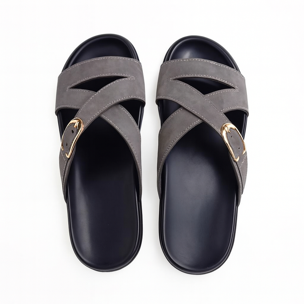 Men Grey Criss Cross Slide Sandal with Buckle