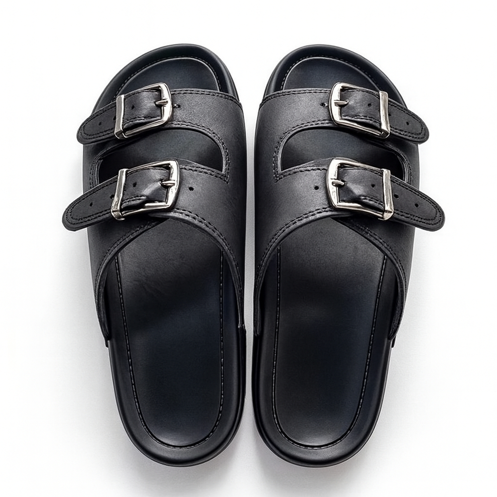 Quality men Black Double buckle Two Strap Comfort Slide