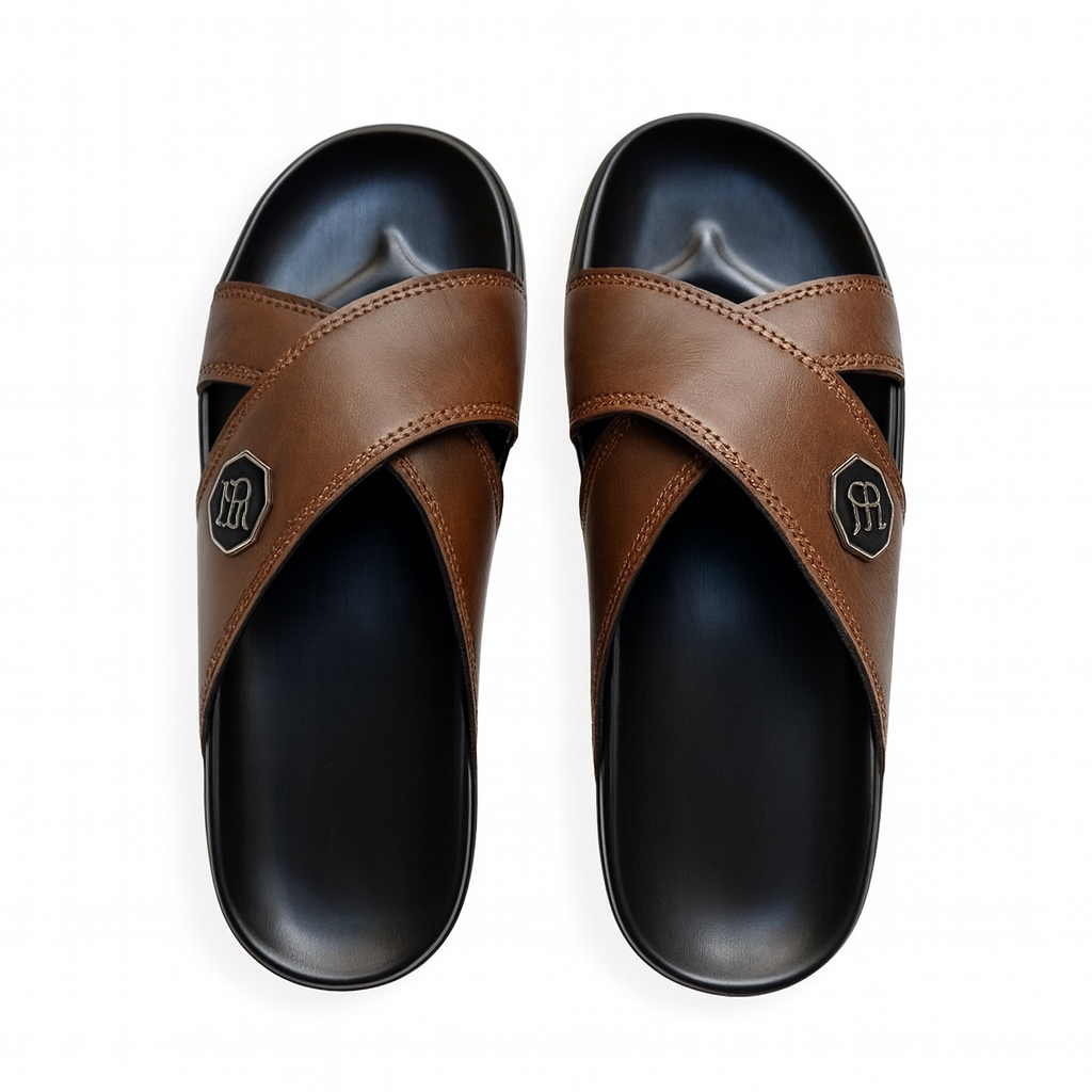 Premium Men Brown Leather Criss Cross Slide.