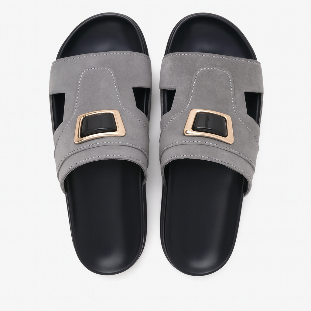 Quality Grey Suede Leather Slides