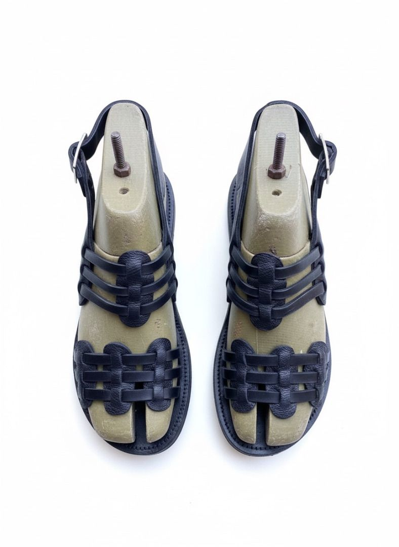 Artisan Black Leather Caged Sandals with Adjustable Buckle Strap