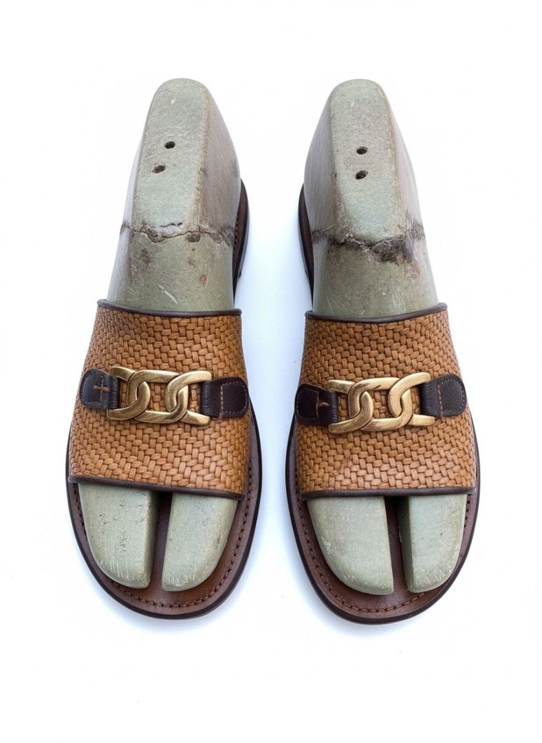 Quality men Handcrafted Woven Leather Slide Sandals with Gold Tone Horsebit Detail