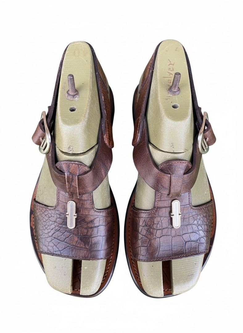 Quality Men Rustic Antique Brown Leather Slingback Sandals with Buckle Strap