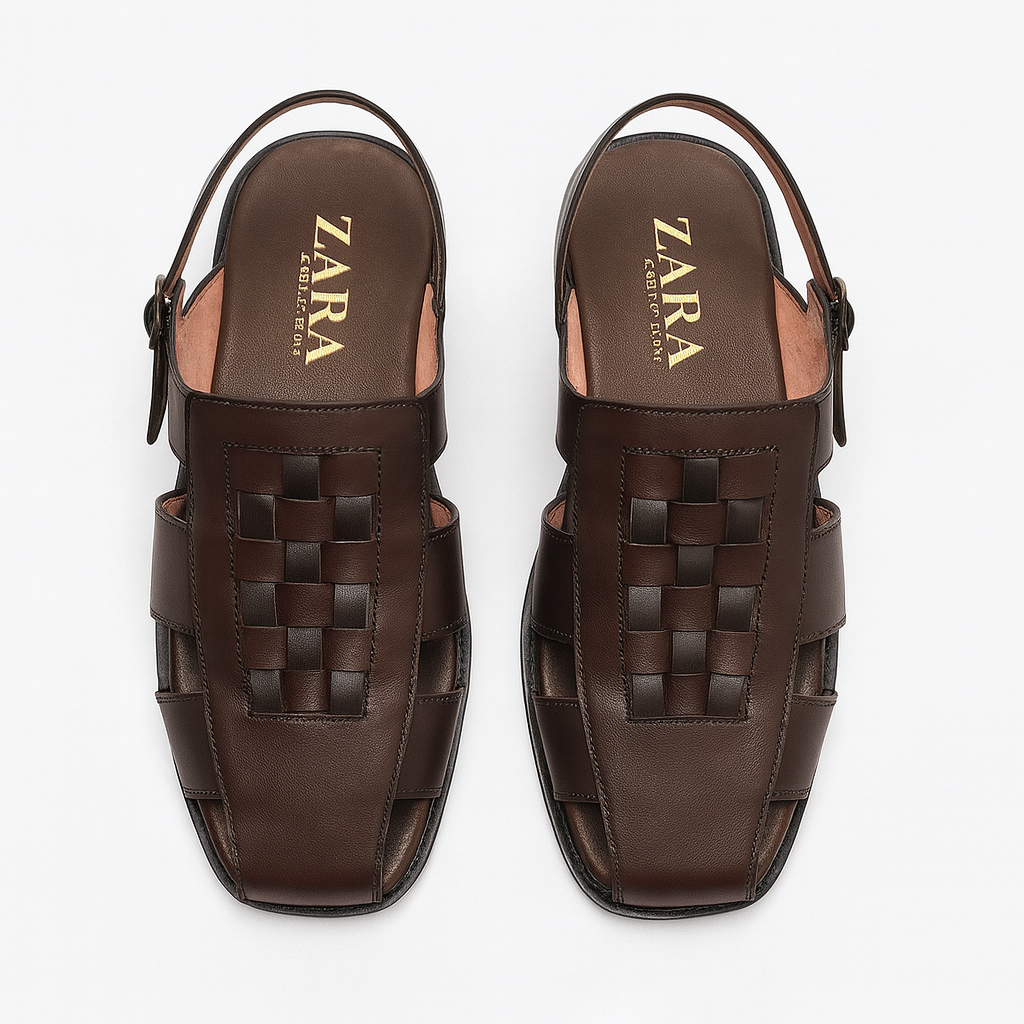 Men Brown Leather Woven Fisherman Sandals with Ankle Strap