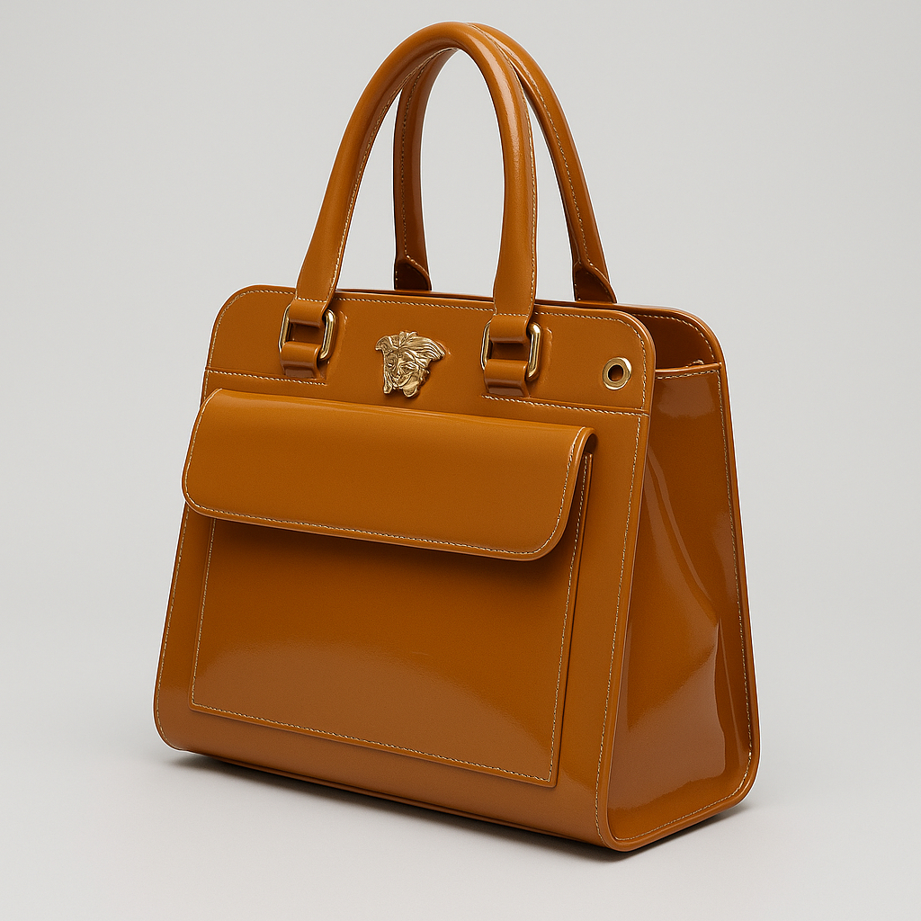 Premium Women Structured Orange Patent Leather  Bag with Lion Medallion