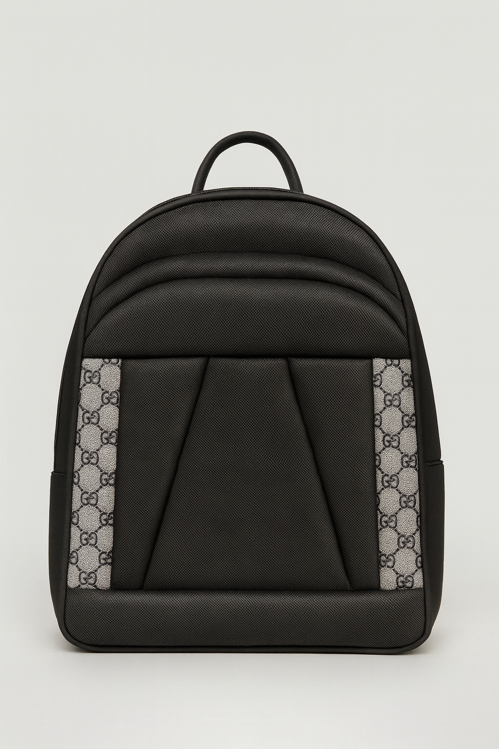 Unisex Black Padded Backpack with Geometric Design and Monogram Side Trim