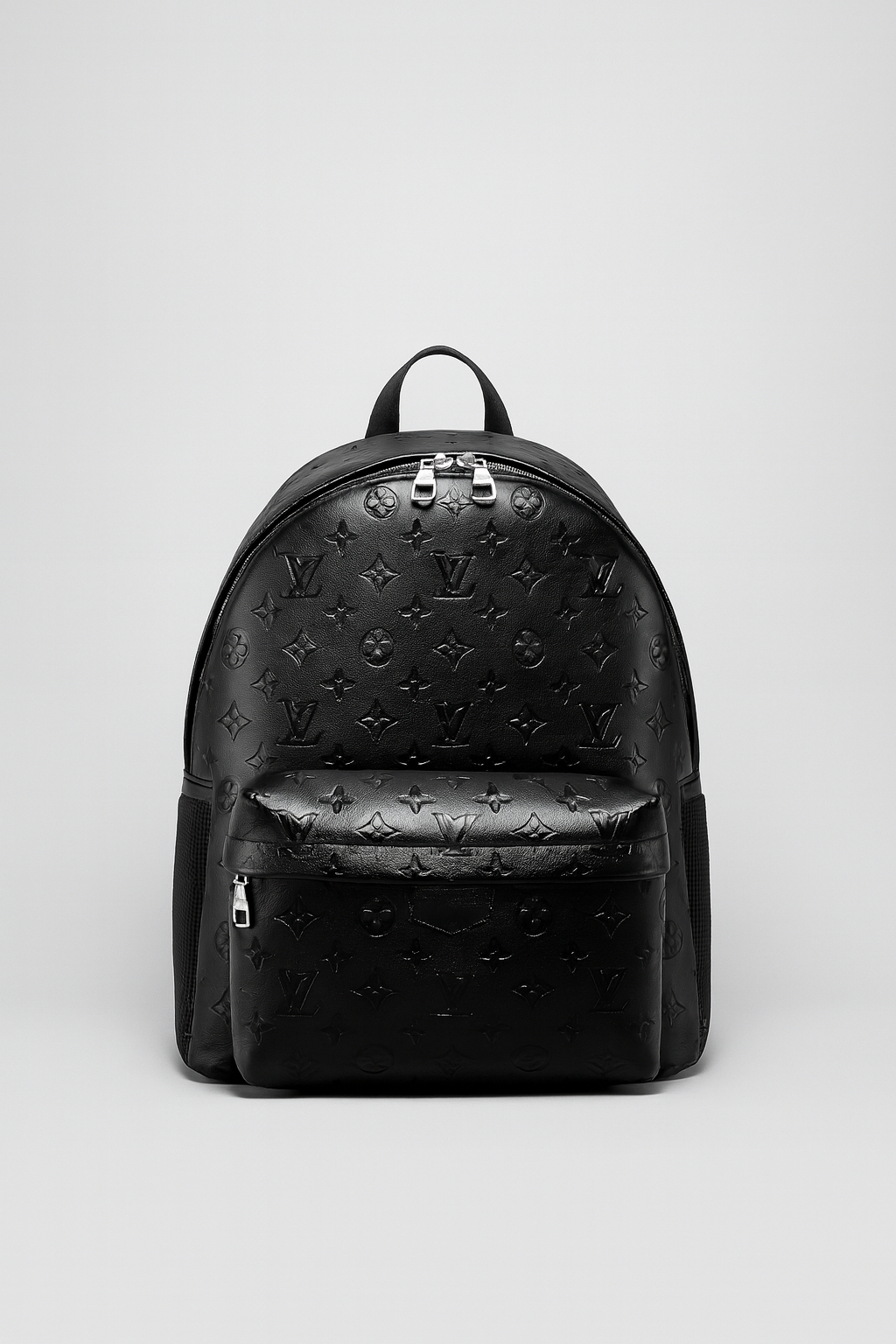 Unisex Sleek Black Embossed Monogram Backpack with Glossy Finish