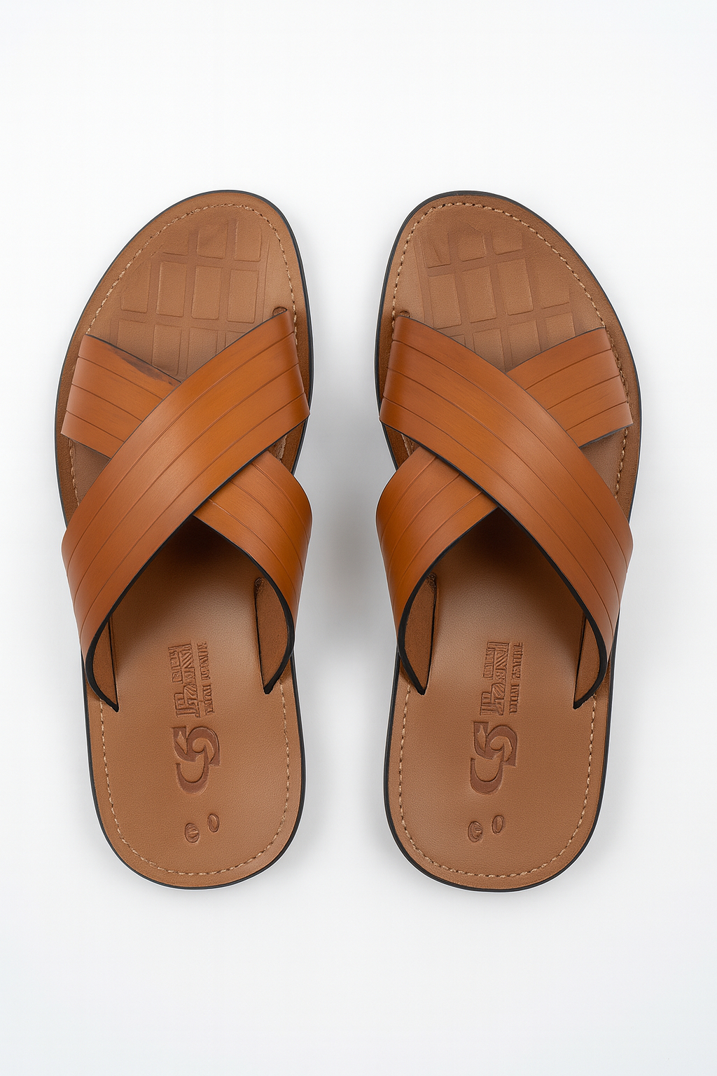 Striped Tan Criss Cross Leather Slide
