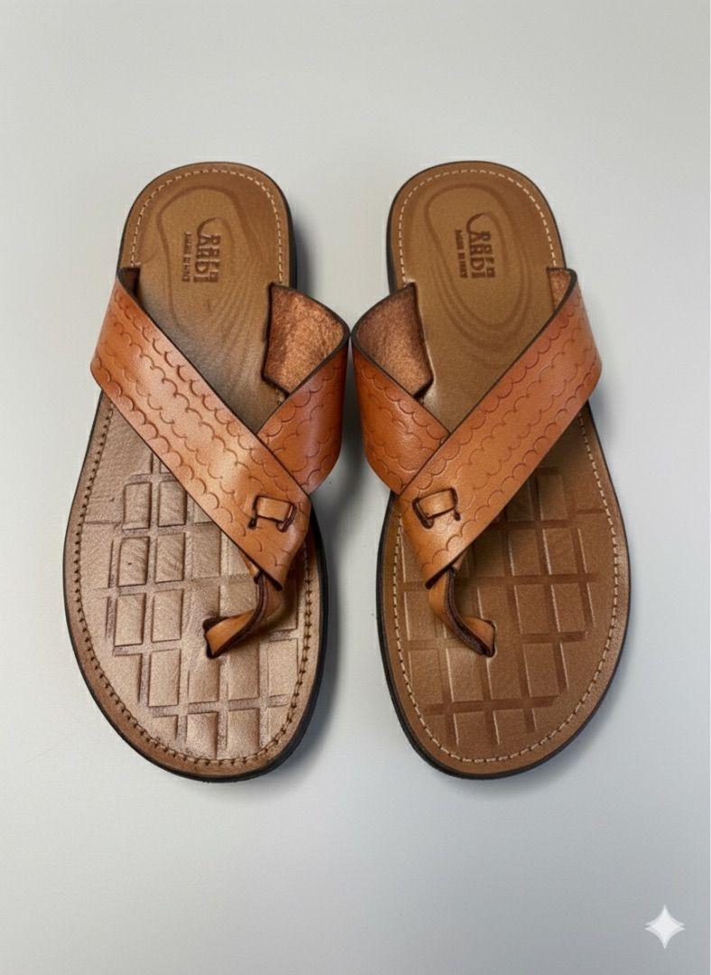 Quality Men Handcrafted Brown Leather Thong Sandals with Embossed Strap