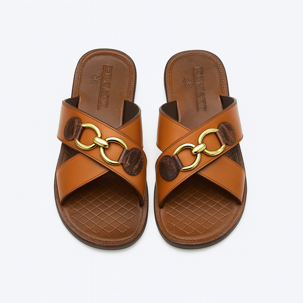 Quality Men Slip On Sandals with Crisscross Straps and Gold Tone Chain Links