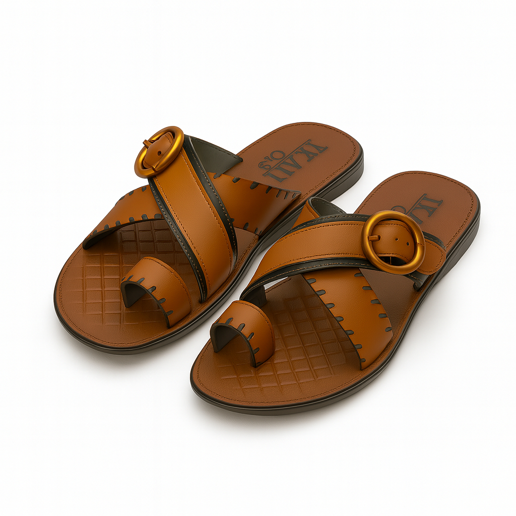 Men Stylish Open Toe Leather Sandals with Bronze Buckle