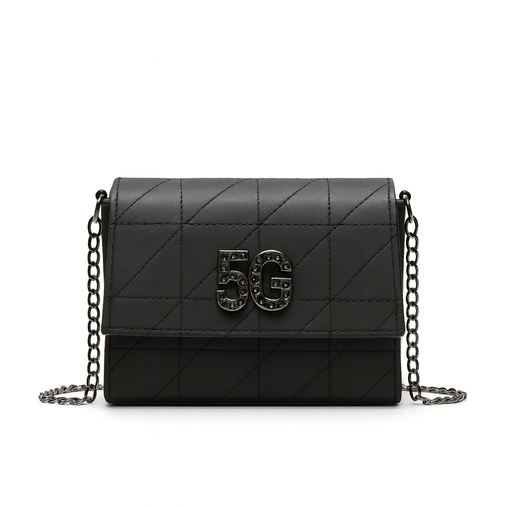 Black Leather Crossbody Bag with Quilted Design and Rhinestone Emblem