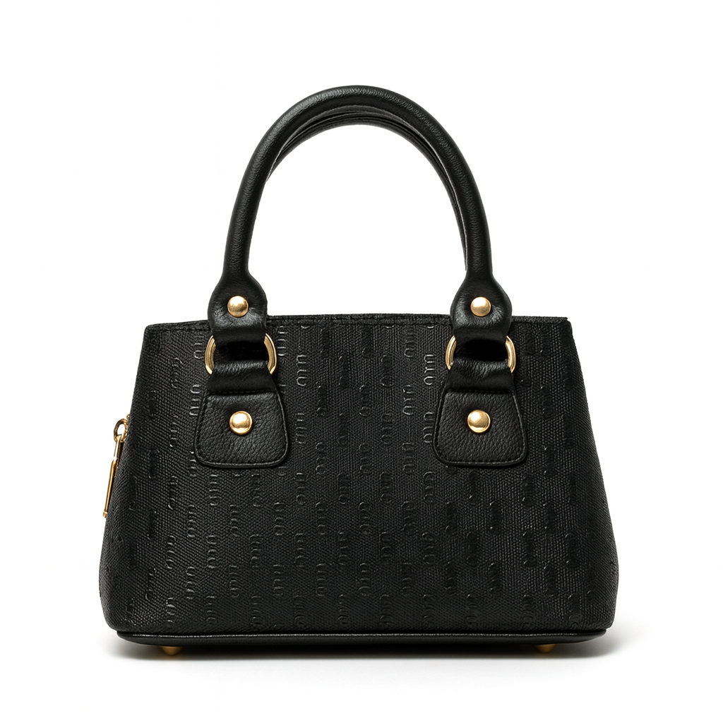Stylish Black Structured Leather Handbag with Gold Tone Accents
