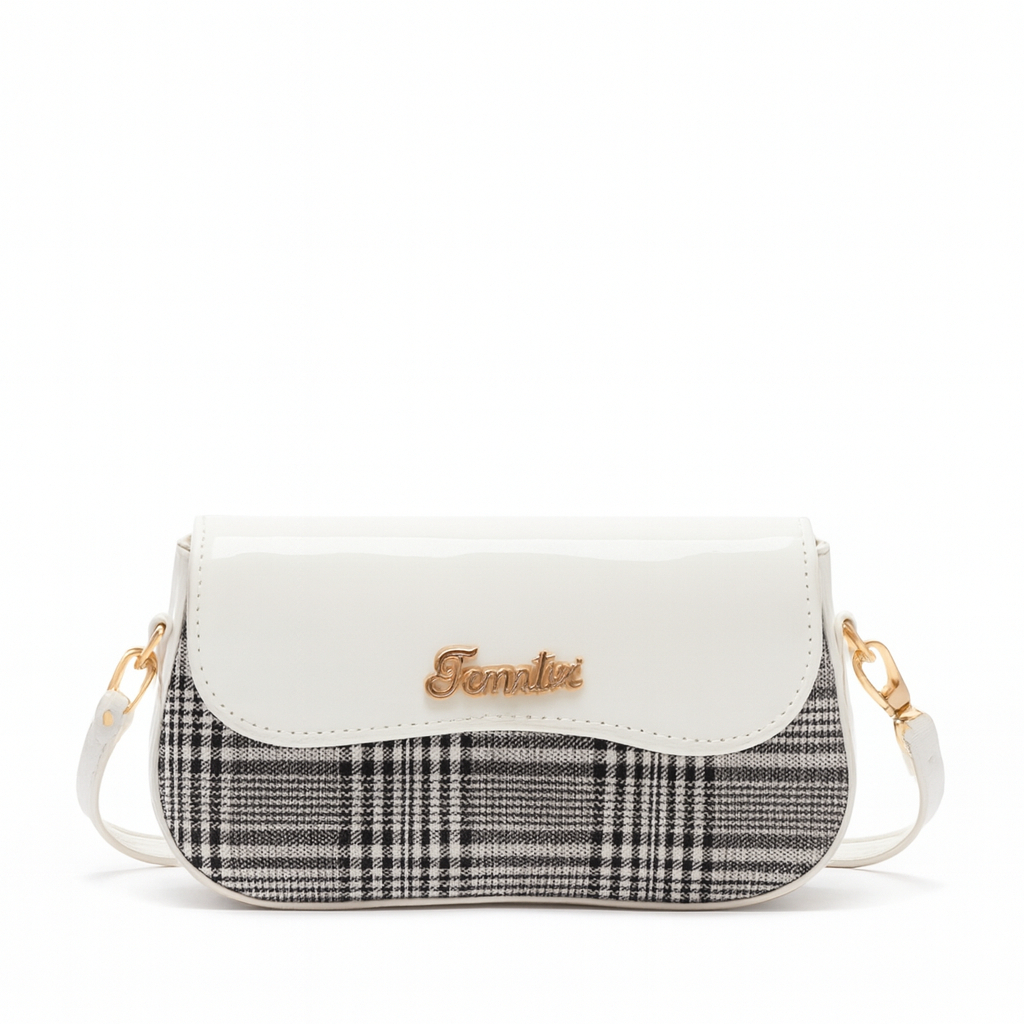 Stylish Compact Handbag with White Faux Leather and Plaid Design