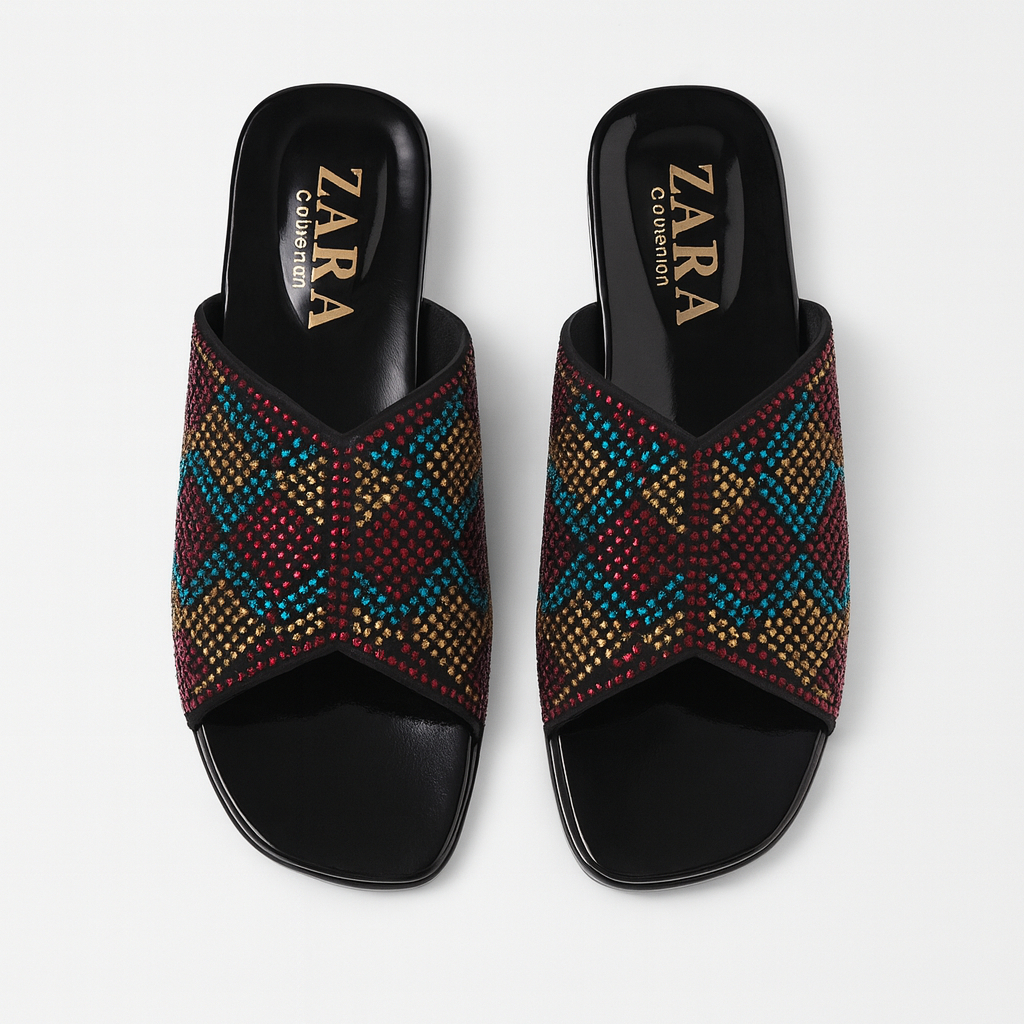 Premium Multicolored Beaded Slip On Sandals with block heel