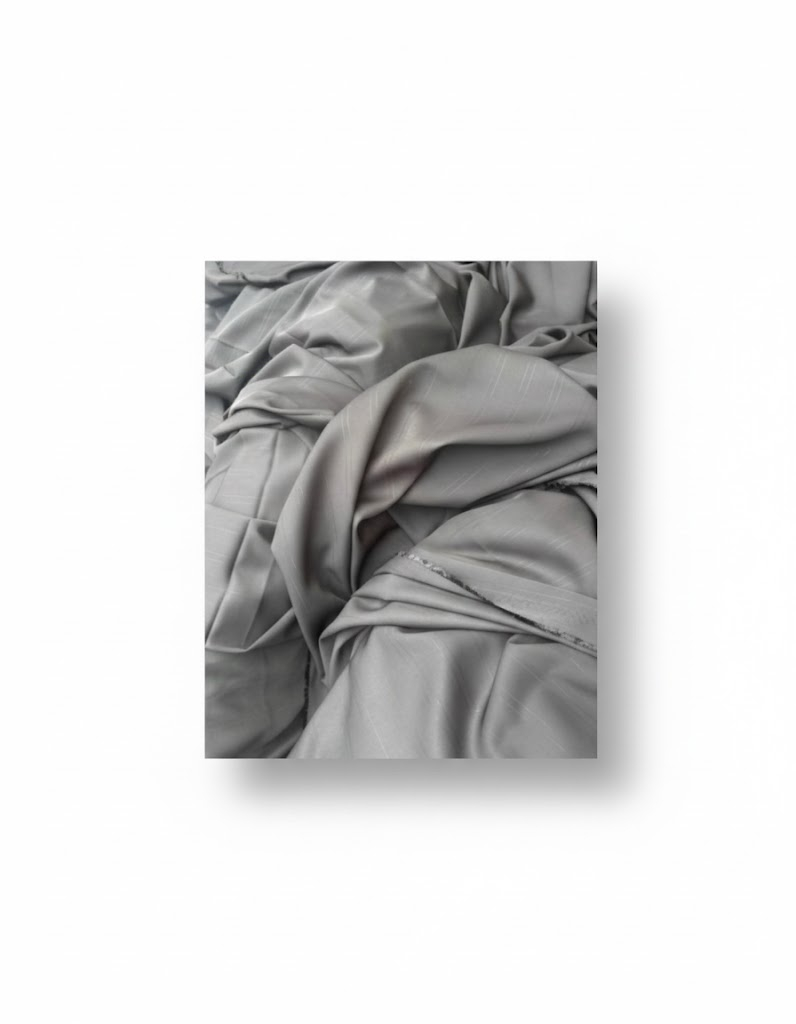 Quality Grey Synthetic Blend Senator Fabric with Subtle Sheen and Pinstripe Pattern
