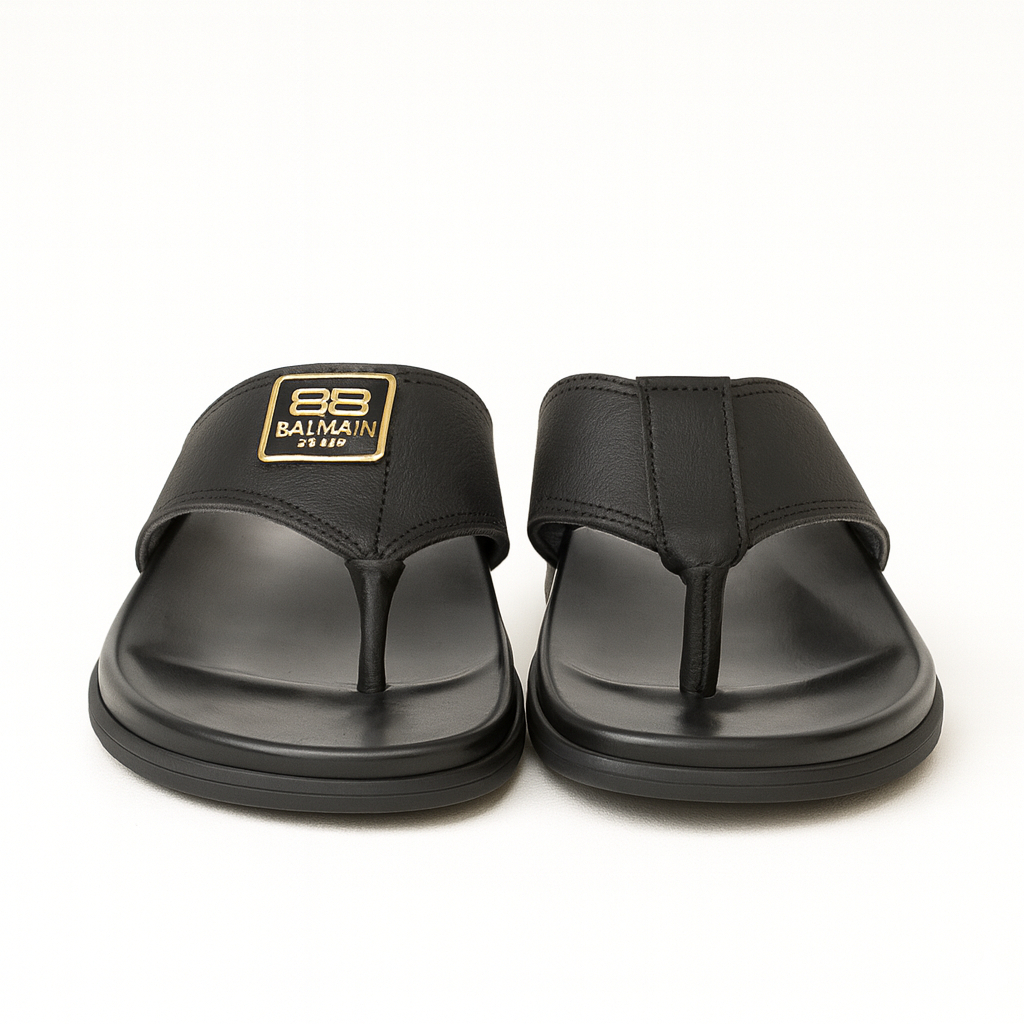Premium Men Black Leather Flip Flop Sandals with Gold Accent Logo
