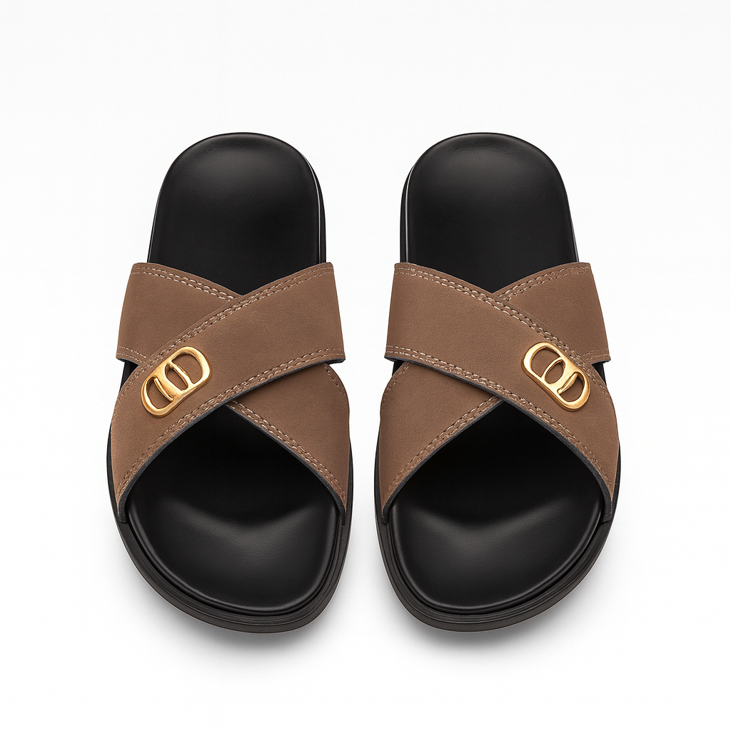 Premium Men Cross Strap Slip On Sandals with Gold Buckle Accent