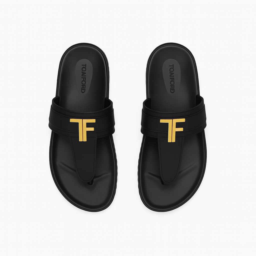 Luxury men Black Sandals with Gold Tone Accents