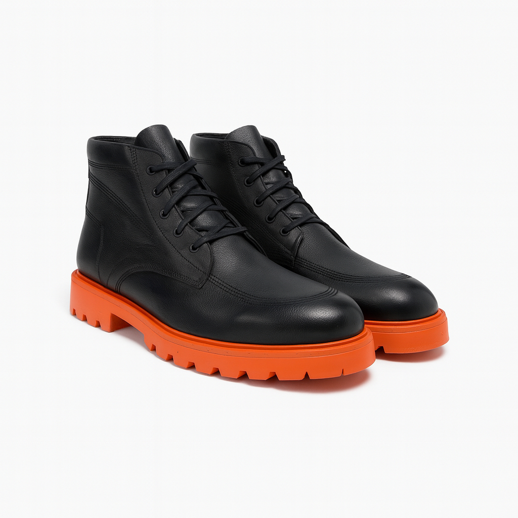 Premium Men Black Leather Ankle Boots with Orange Grip Sole
