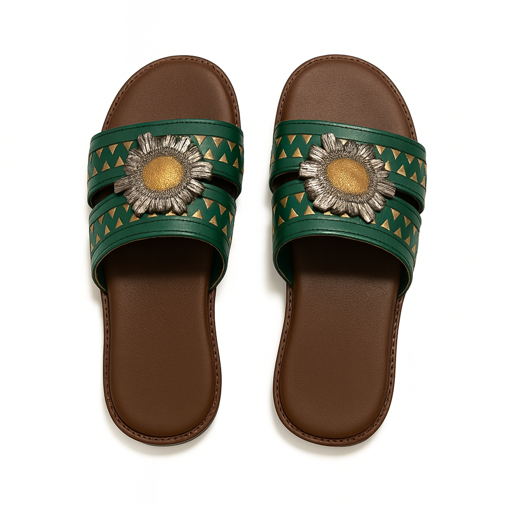 Elegant Women Green Slip On Sandals with Floral Metal Ornament