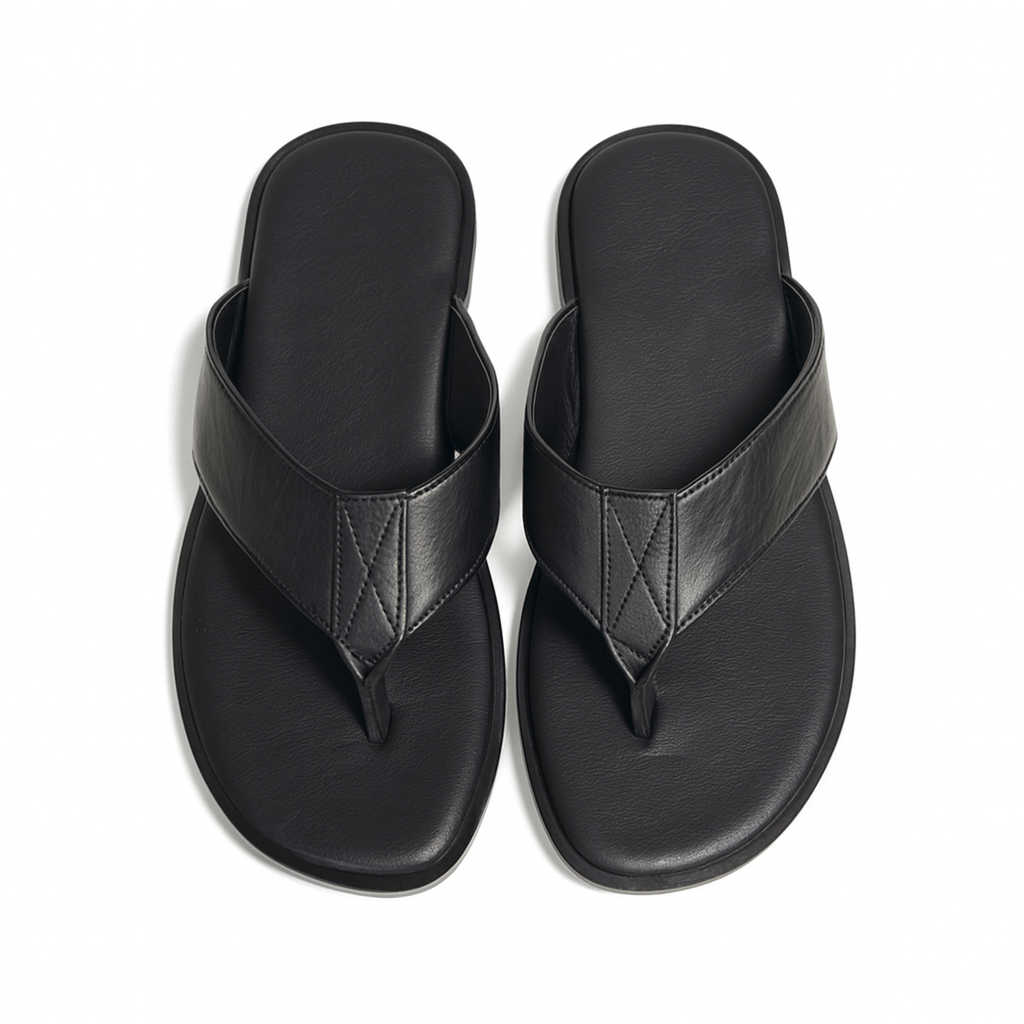 Premium Men Black Leather Slip On Toe Sandals