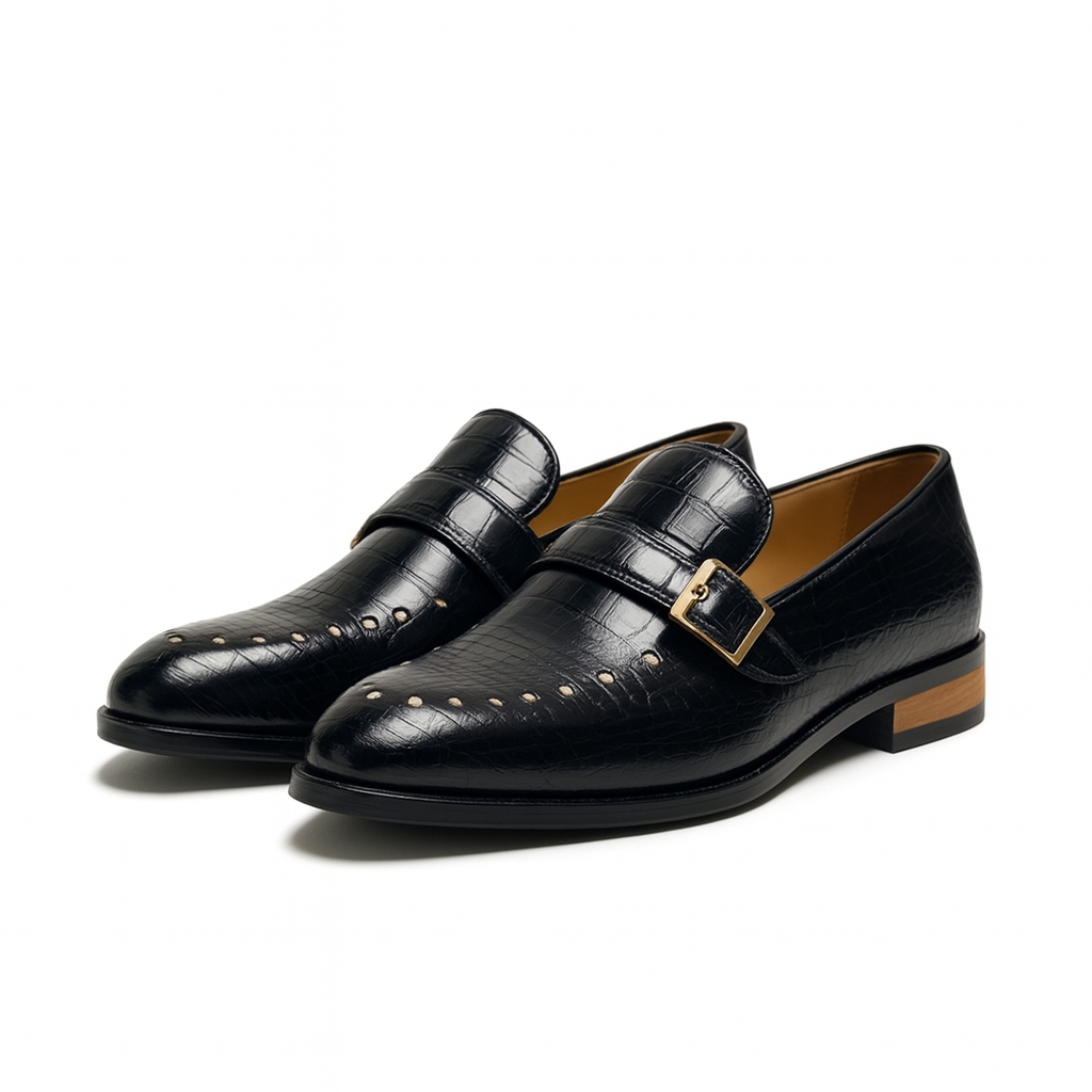 Luxury Men Black Crocodile Pattern Formal Shoes with Buckle Detail