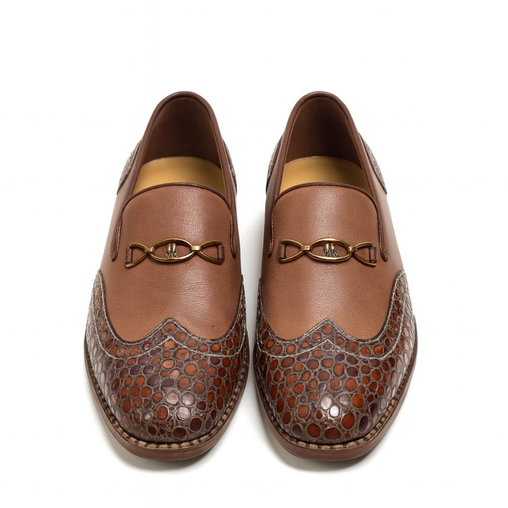 Luxury Men Brown Leather Formal Shoes with Crocodile Pattern Detailing and Gold Accent