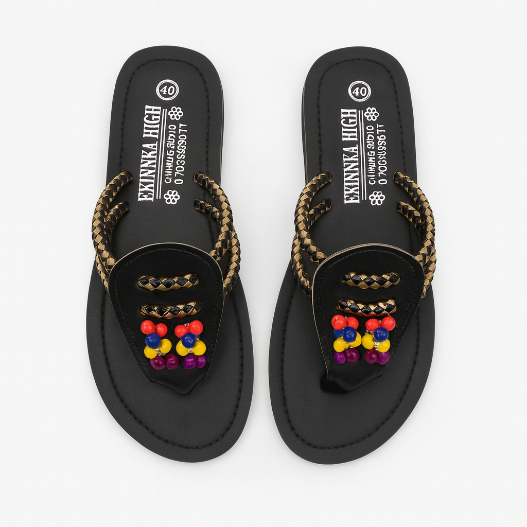 Handcrafted Black Leather Slippers with Braided Straps and Colorful Bead Design