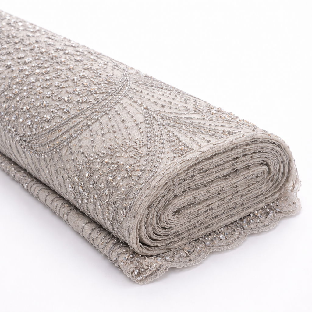 Luxury Silver Beaded Lace Fabric with Handcrafted Crystal Details