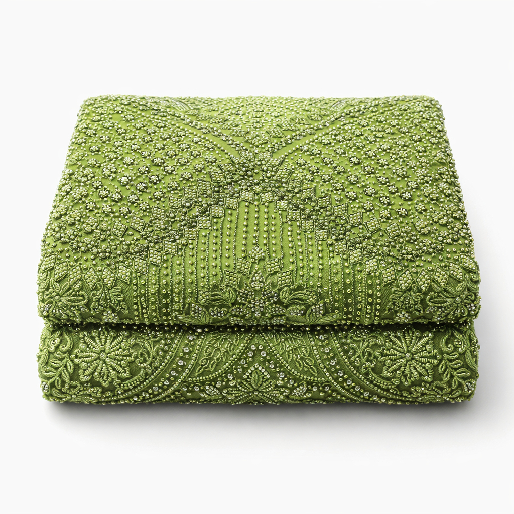 Luxury Olive Green Hand Beaded Lace Fabric with Crystal and Sequin Embellishments