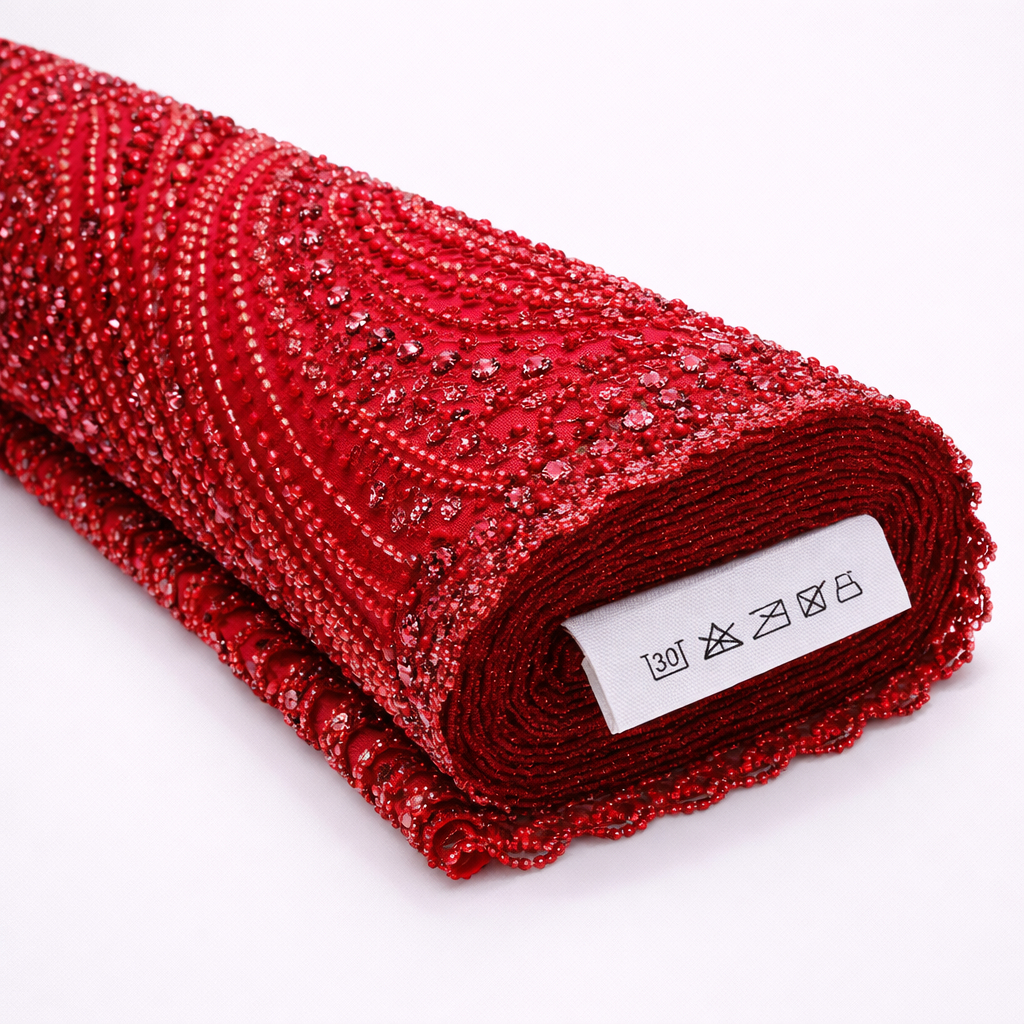 Luxury Red Hand Beaded Lace Fabric