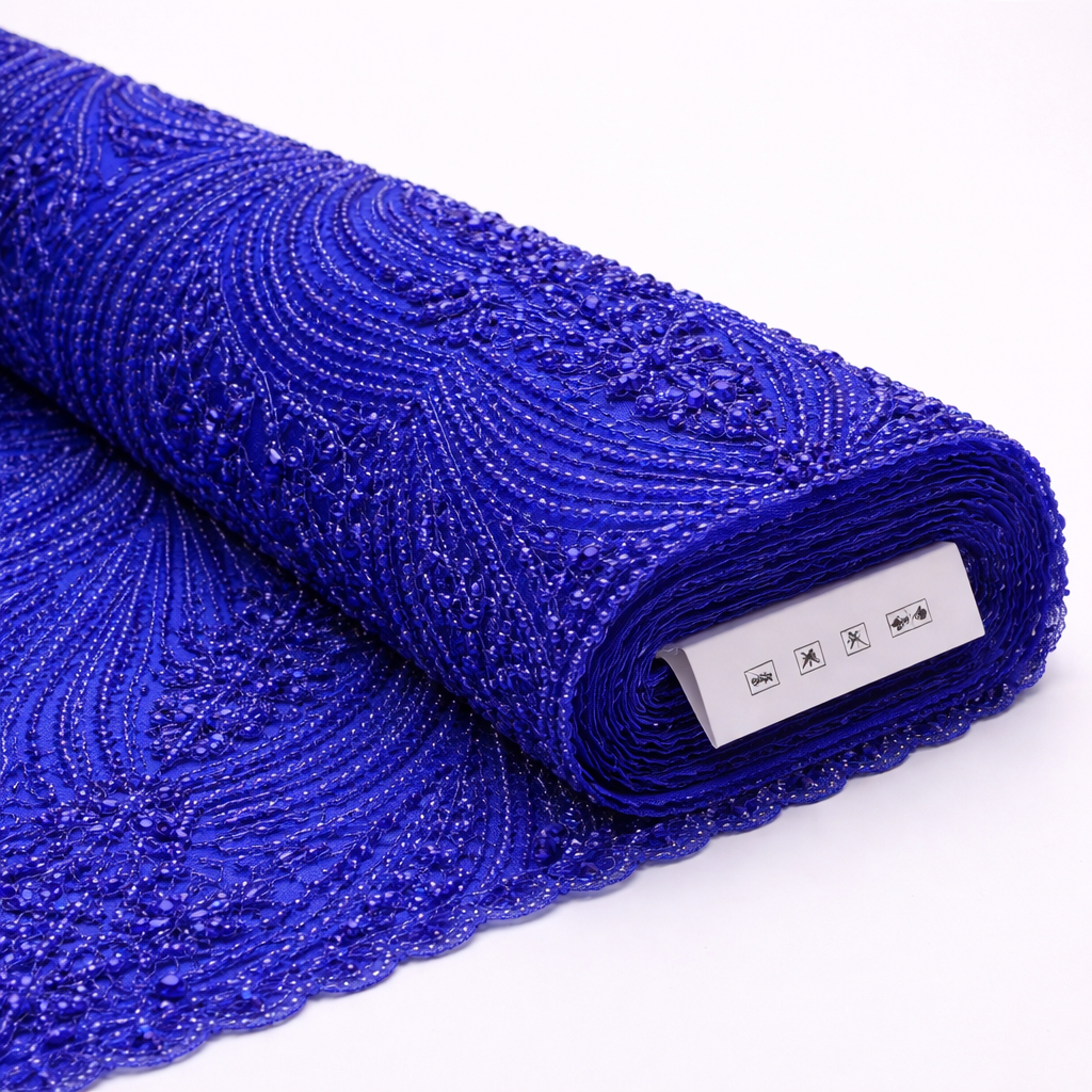 Royal Blue Luxury Hand Beaded Lace Fabric