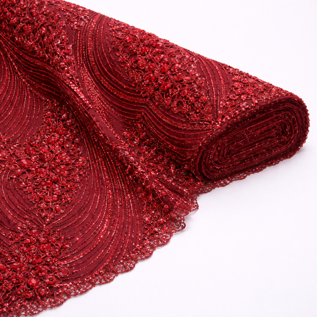 Luxury Wine Red Hand Beaded Lace Fabric