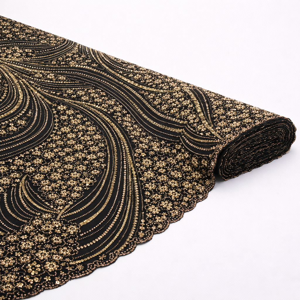 Luxury Black and Gold Beaded Lace Fabric