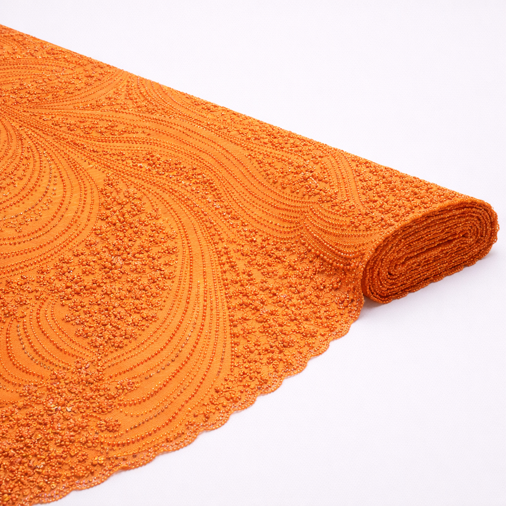 Luxury Orange Beaded Lace Fabric
